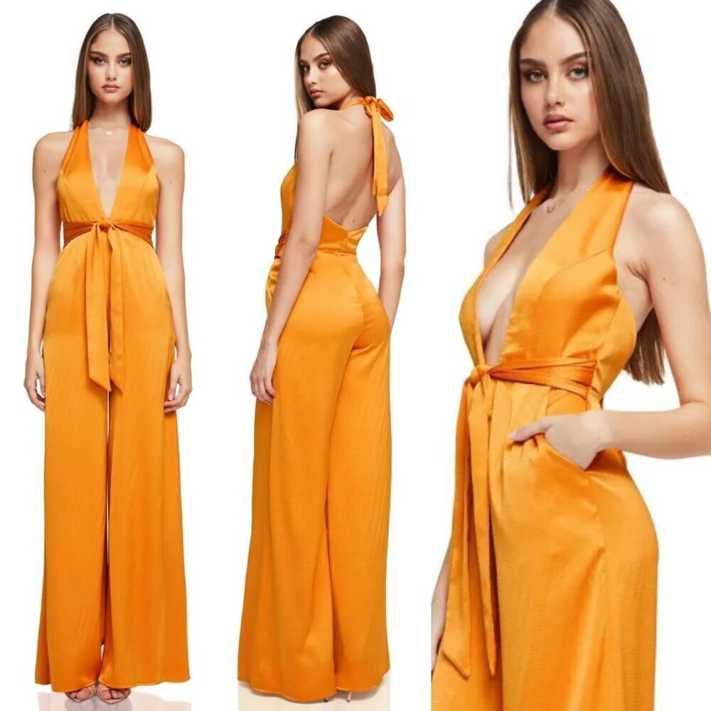 New! Nookie Utopia Halter Tie Back Wide Leg Jumpsuit in Mango 37711